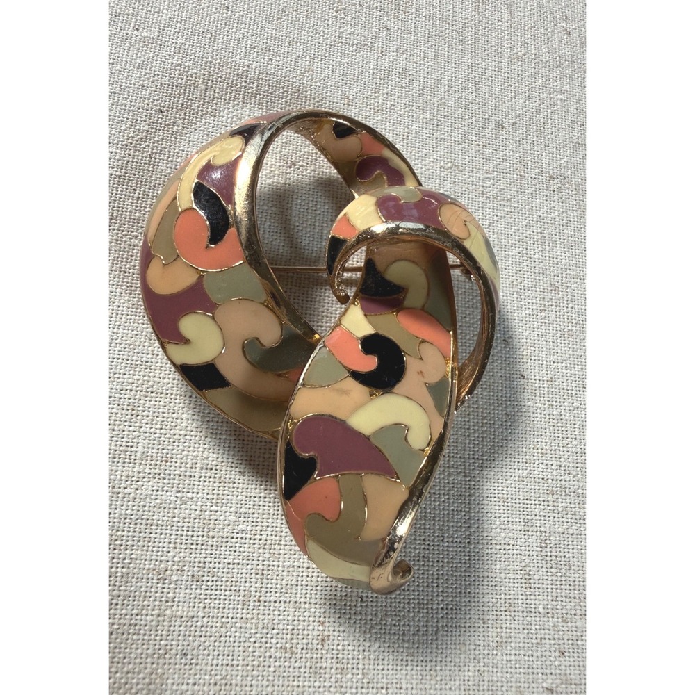 Vintage Eisenberg Artist Season Gold tone‎ Enamel Abstract Ribbon Brooch Pin